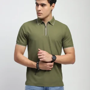 Sraddos Olive Solid Nylon Blend Polo T-Shirt
