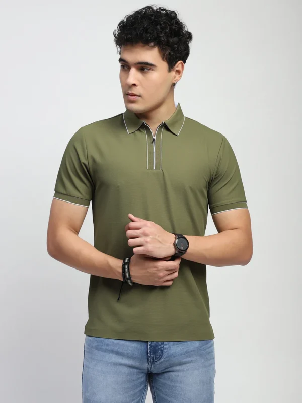 Sraddos Olive Solid Nylon Blend Polo T-Shirt