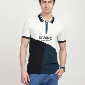 Sraddos Blue Color Block Cotton Polo T-Shirt
