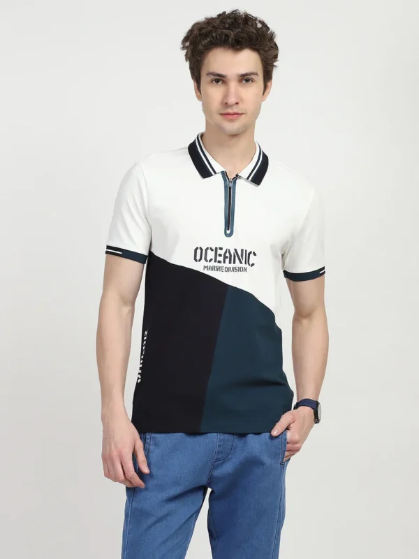 Sraddos Blue Color Block Cotton Polo T-Shirt