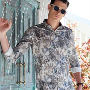 Sraddos White Tropical Print Cotton Shirt