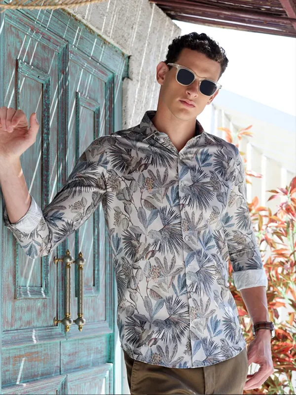 Sraddos White Tropical Print Cotton Shirt