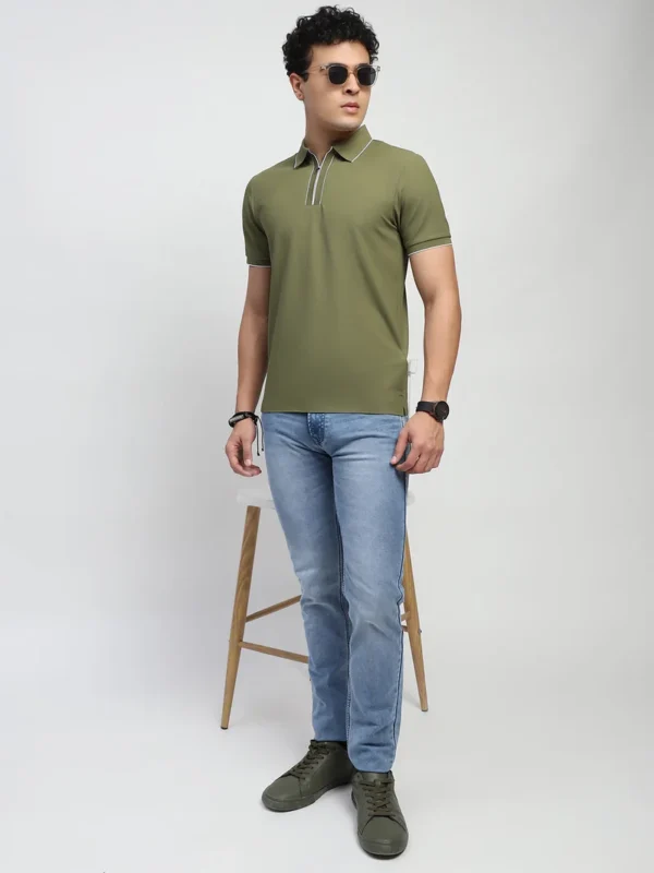 Sraddos Olive Solid Nylon Blend Polo T-Shirt - Image 2